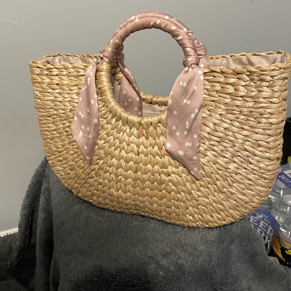 Tan Woven Tote Bag with Plush Handles